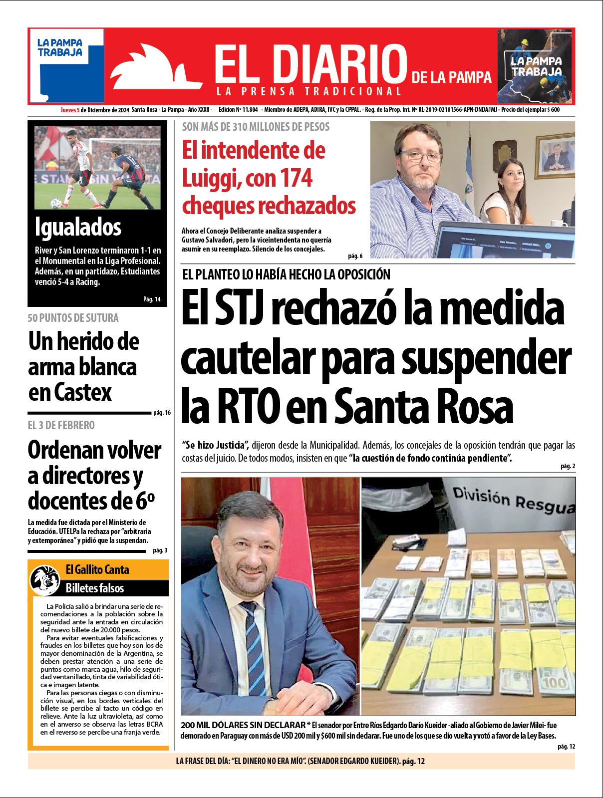 Tapa de El Diario en papel  jueves 05 de diciembre de 2024